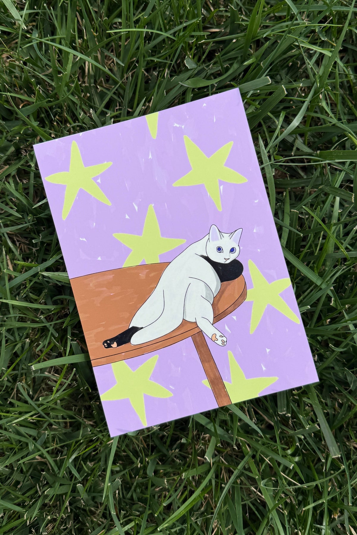 A rectangular art print or card lying on green grass, featuring a white cat with black paws and tail resting on a wooden table against a lavender background with yellow stars.