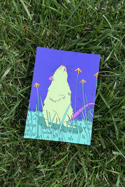 A square art print featuring a whimsical illustration of a light green rat sitting in a field under a purple sky, placed on a green grass lawn.