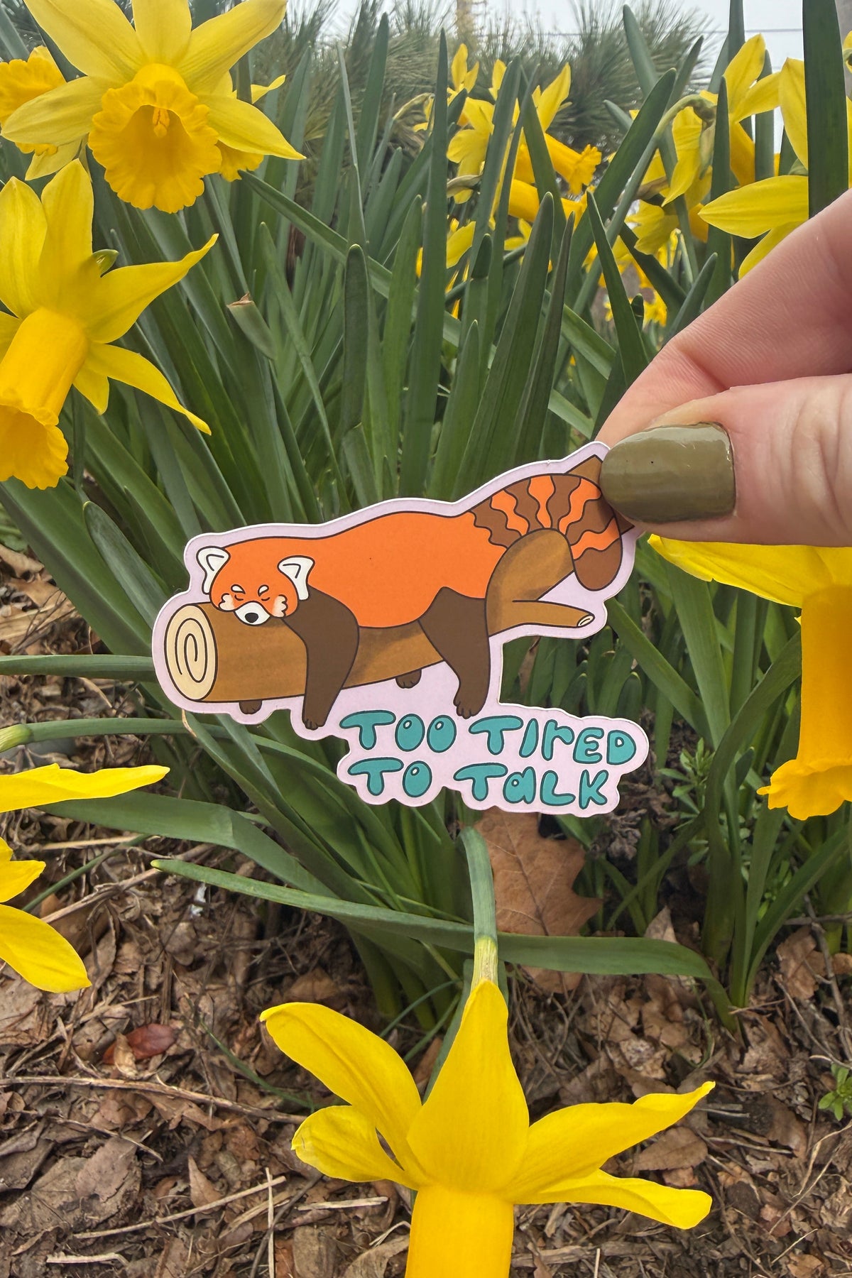 A hand with olive green nail polish holds a die-cut sticker featuring an orange cartoon red panda and a log with the text 'TOO TIRED TO TALK' in blue and green, set against a background of blooming yellow daffodils.